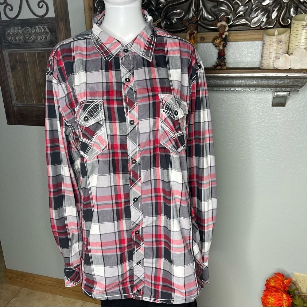 Buckle Black Plaid Topstitching Long Sleeve Button Down Tops Men’s XL